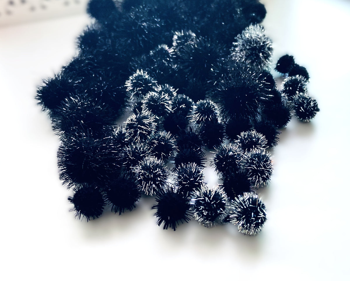 Mixed Black Tinsel Pom Pom Pack